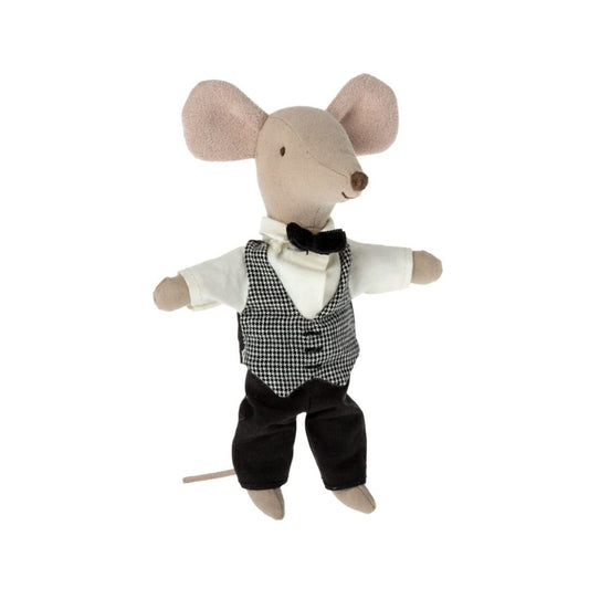 Maileg waiter mouse wearing suit and bowtie outfit 